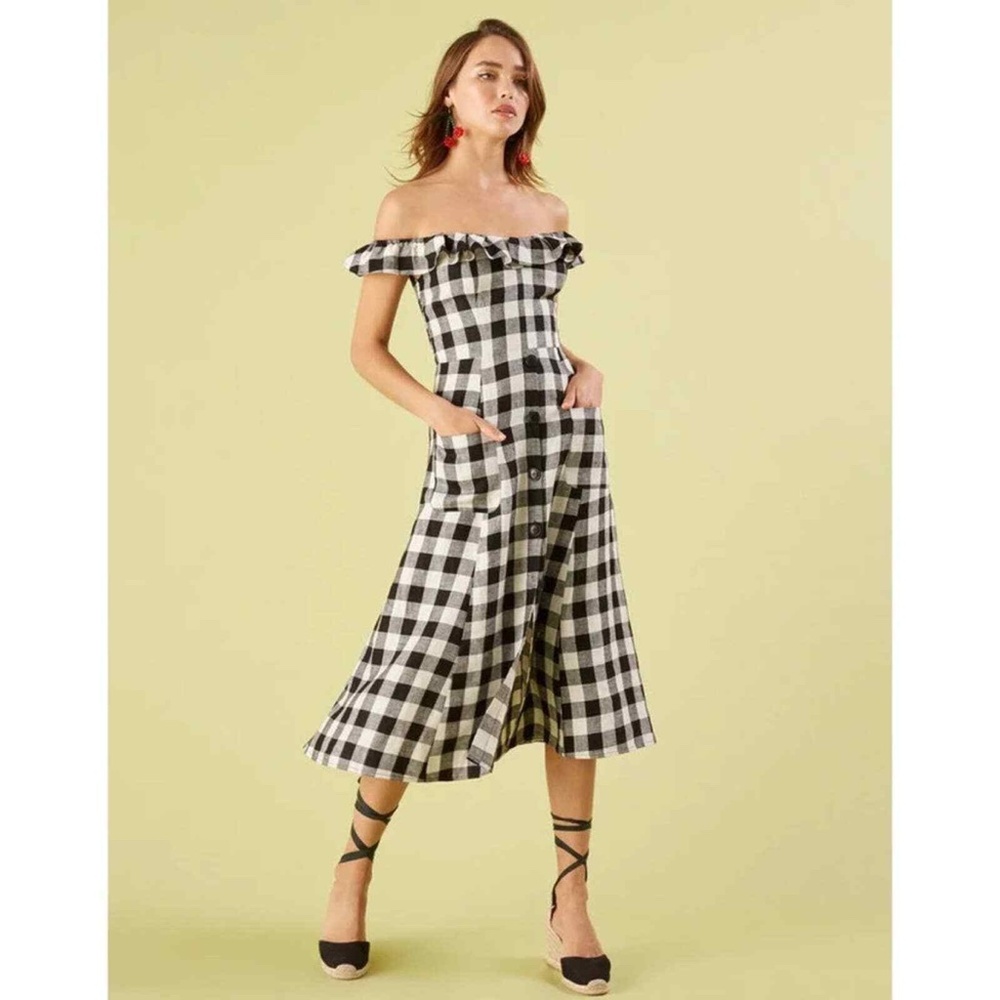 Reformation Hattie Buffalo Print Gingham Linen Off the Shoulder Dress Size 6